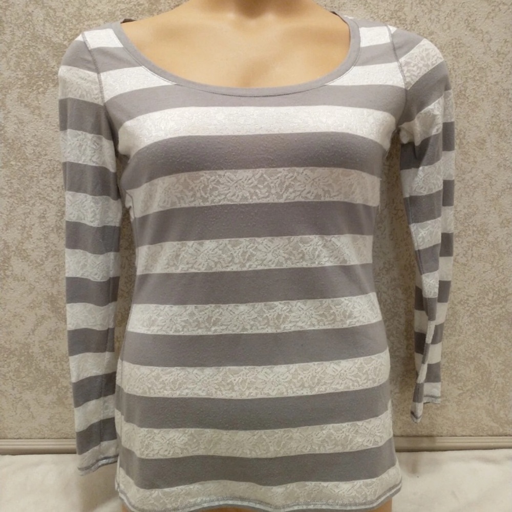 Express Striped Long Sleeve Top in Gray and Faux White Lace
